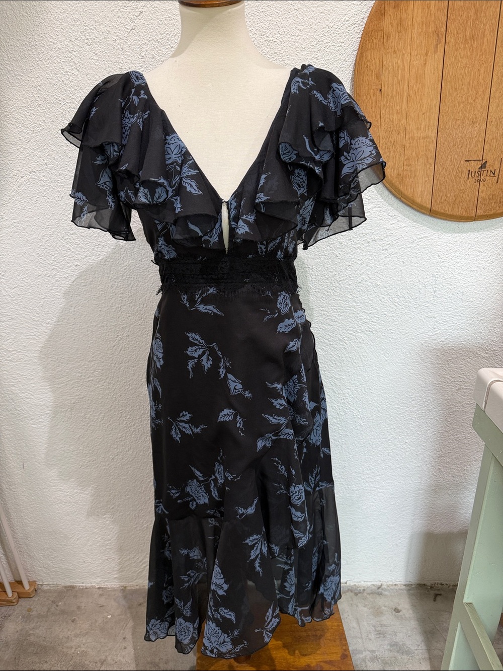 Cleobella Black Midi Dress with Blue Floral Motif